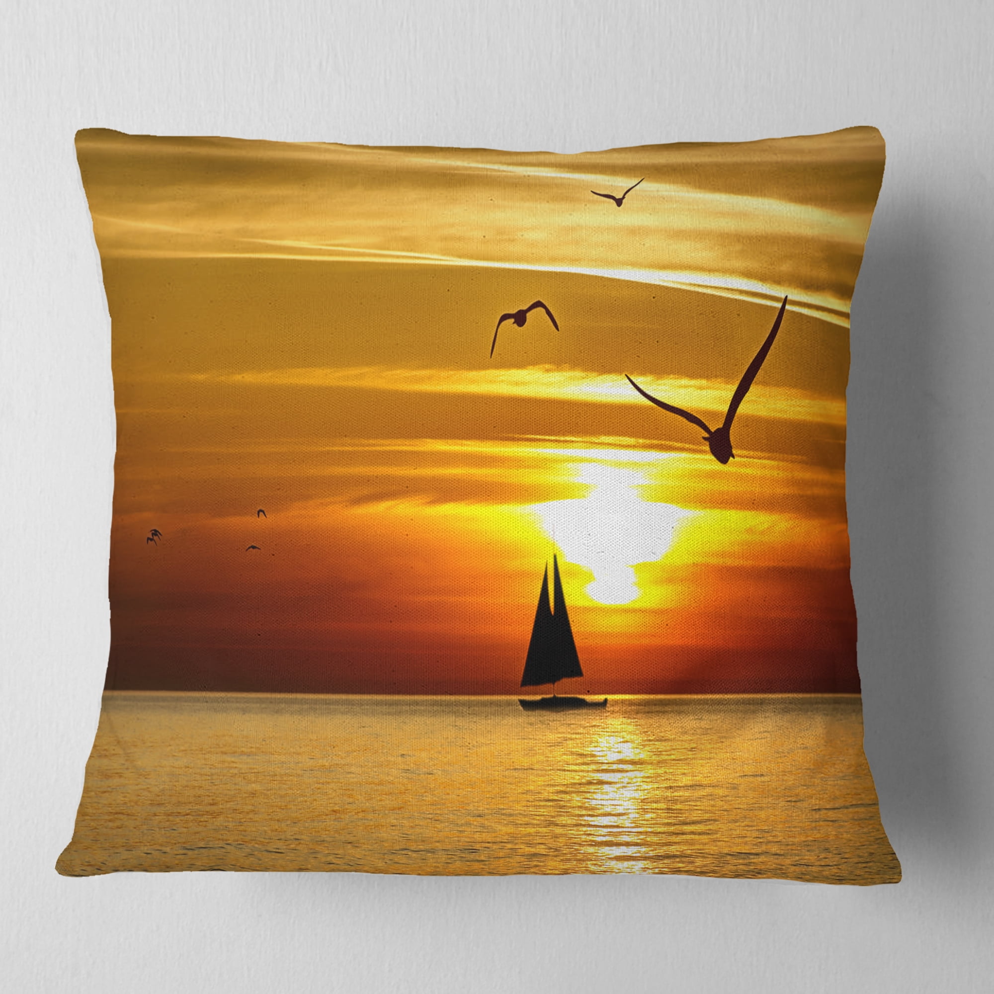 Designart Bright Yellow Beach with Birds - Seashore Throw Pillow - 18x18