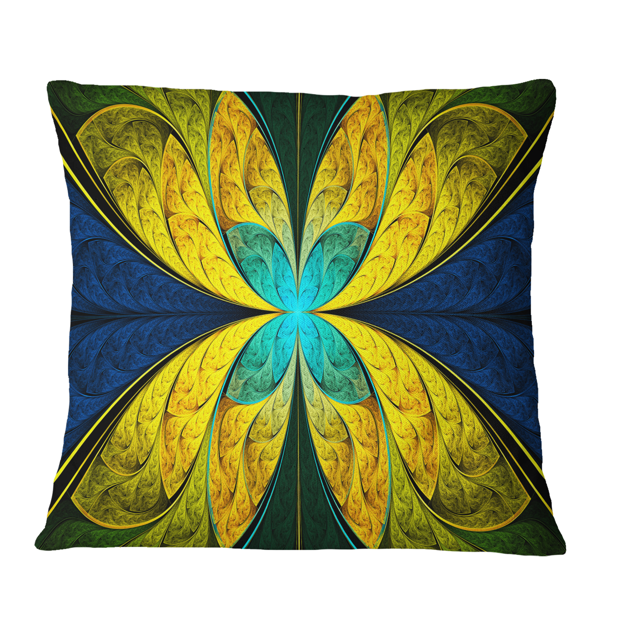 Designart Bright Yellow Blue Fractal Flower - Floral Throw Pillow - 18x18