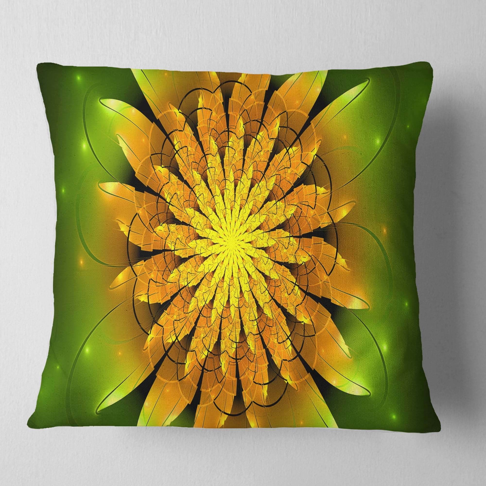 Designart Bright Yellow Fractal Flower on Green - Floral Throw Pillow - 16x16