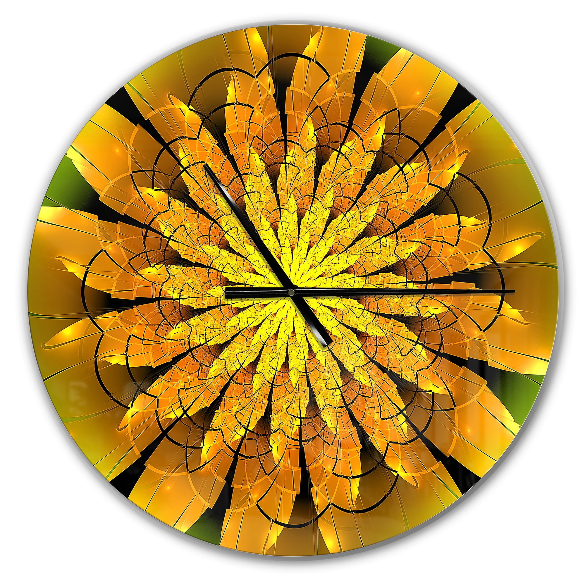 Designart 'Bright Yellow Fractal Flower on Green ' Modern wall clock