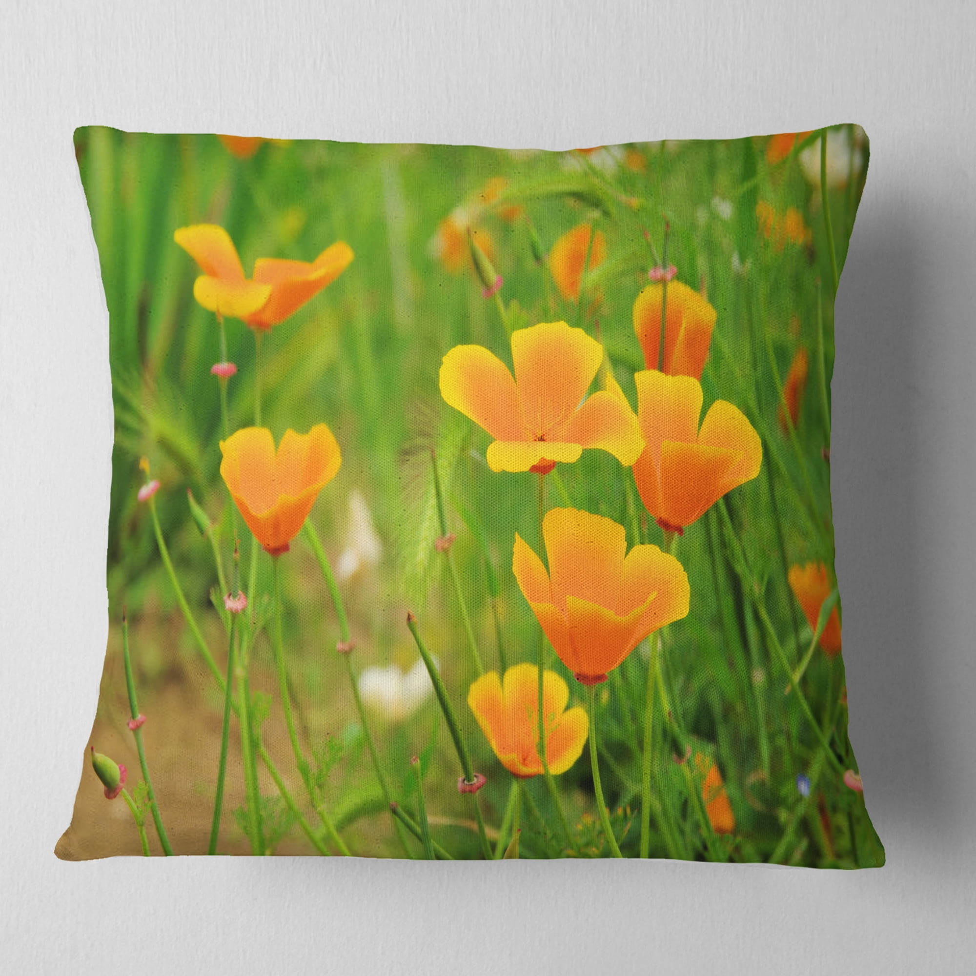 Designart Bright Yellow Poppy Flowers - Floral Throw Pillow - 16x16