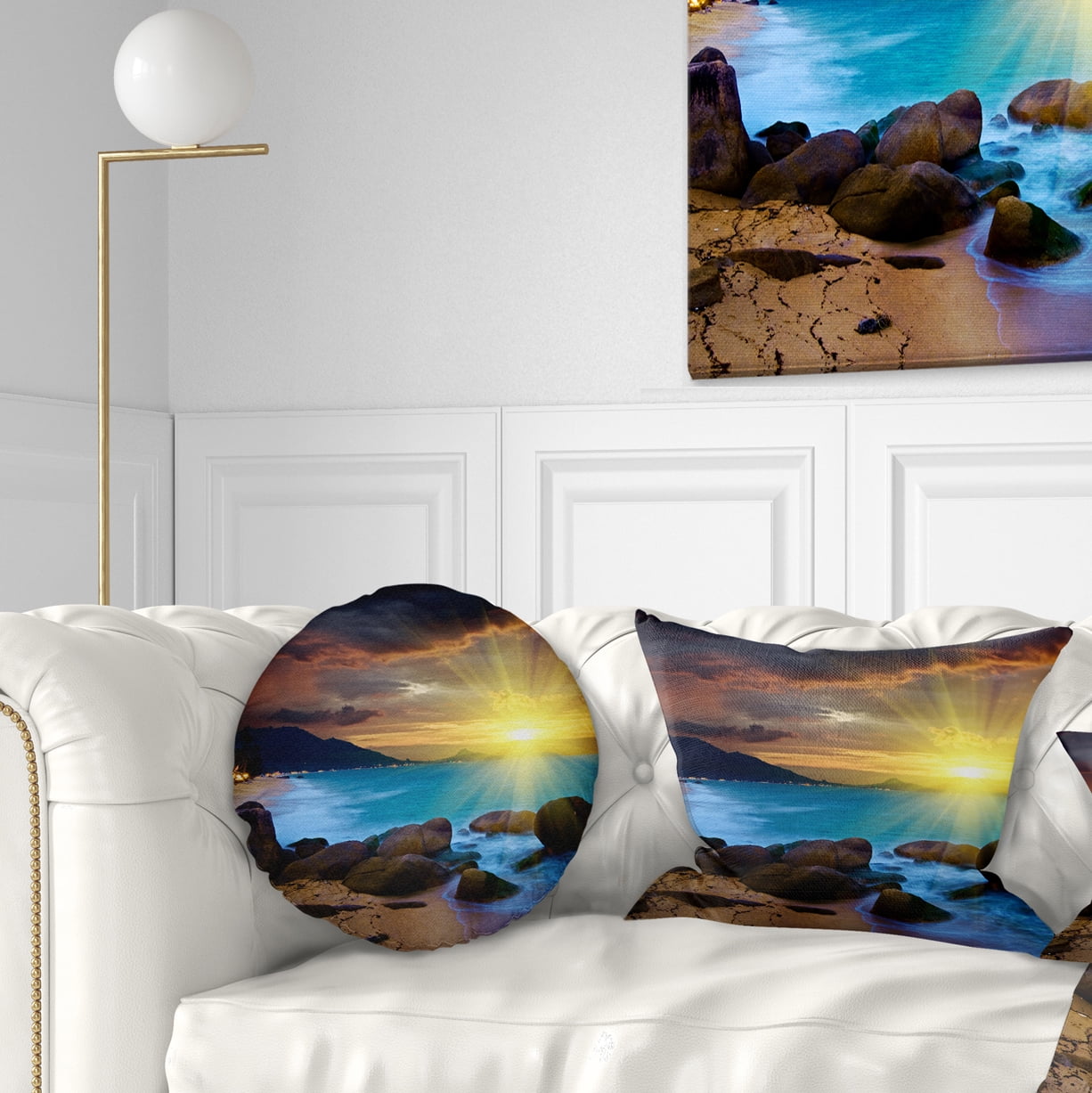 Designart Bright Yellow Sun over Blue Waters - Modern Beach Throw Pillow - 12x20