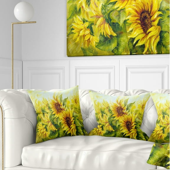 Designart Bright Yellow Sunny Sunflowers - Floral Painting Throw Pillow - 16x16