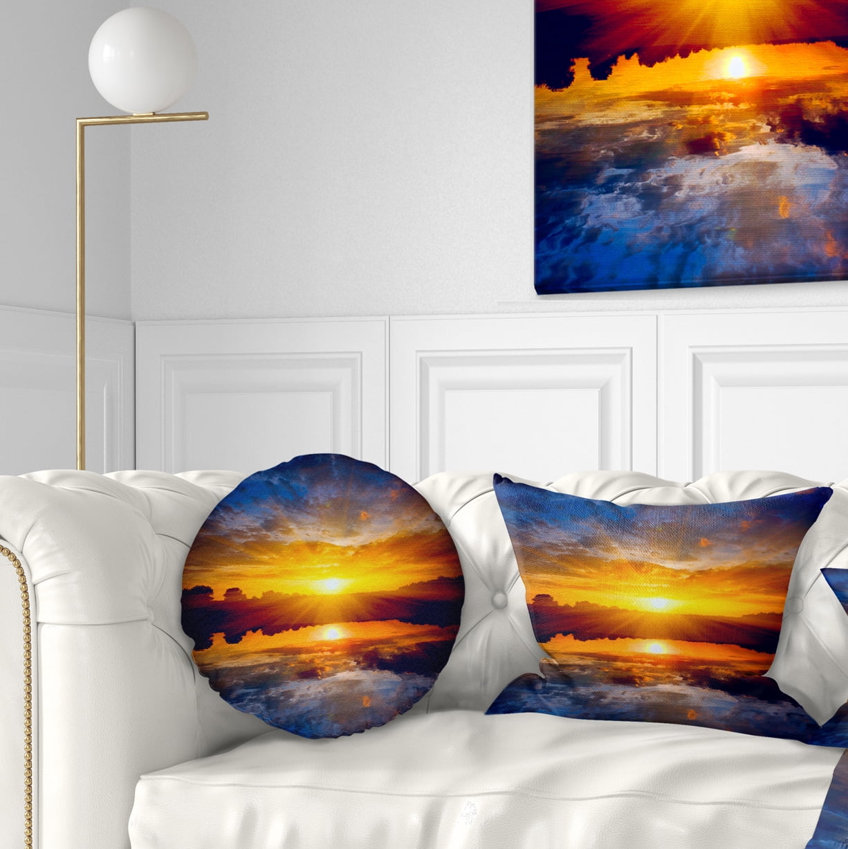 Designart Bright Yellow Sunset Over Lake - Seashore Throw Pillow - 12x20