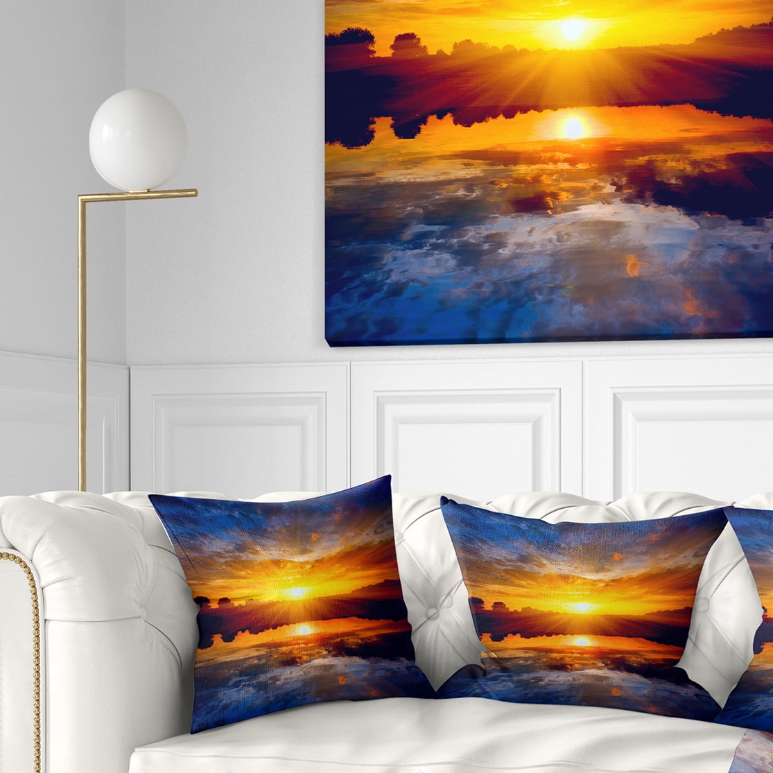 Designart Bright Yellow Sunset Over Lake - Seashore Throw Pillow - 18x18