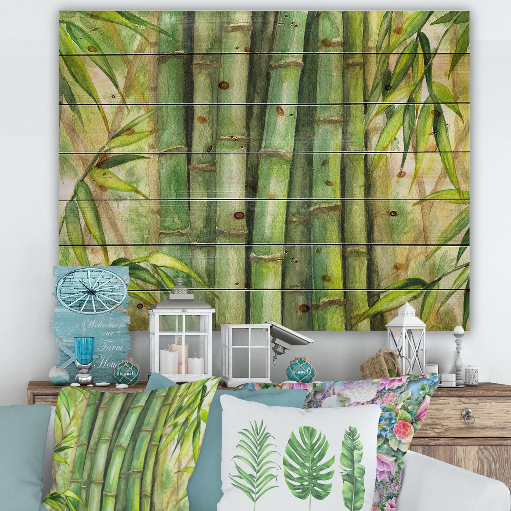 Designart 'Bright and Green Bamboo Stems' Transitional Print on Natural Pine Wood