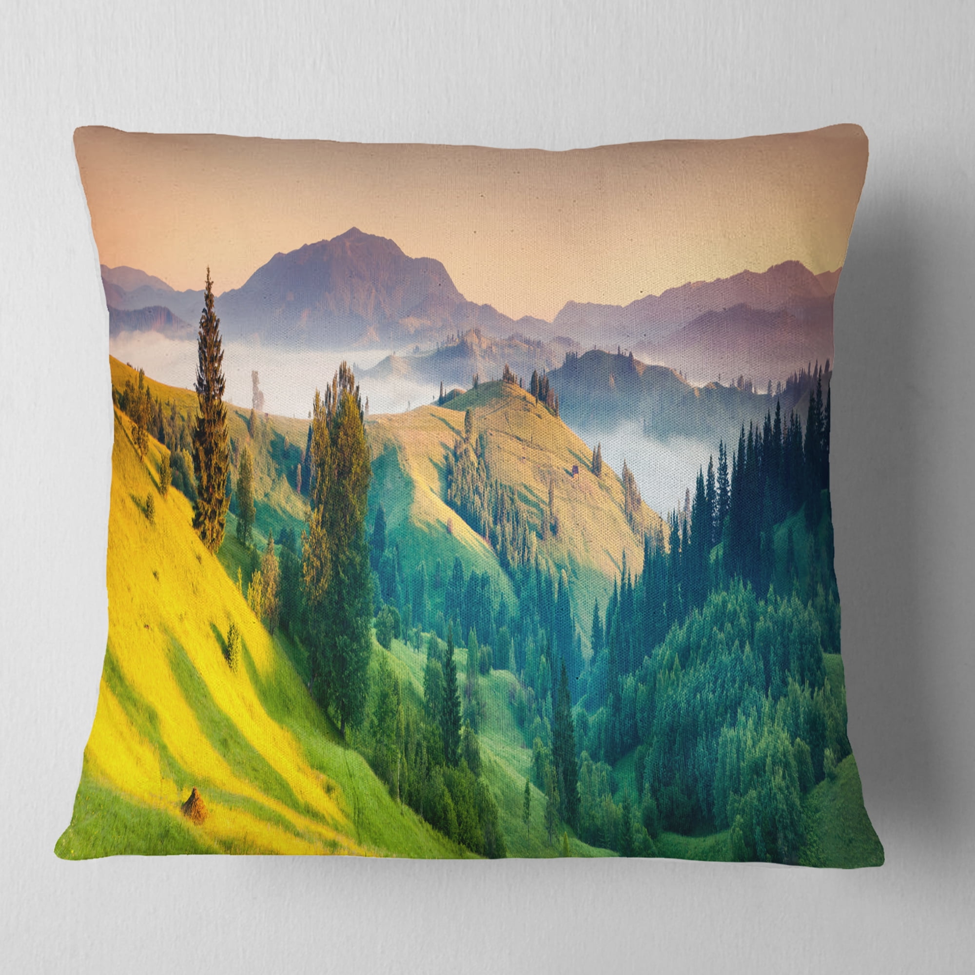 Designart Brightly Green and Blue Mountains - Landscape Printed Throw Pillow - 18x18