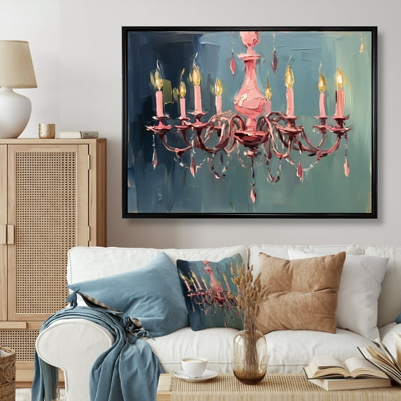 Designart "Brilliance of Pink Baroque Luminary Chandelier II" Fashion Framed Wall Art - Glam Pink Chandelier Bedroom Framed Canvas Wall Art