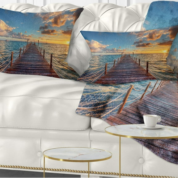 Designart Brilliant Sunrise over Sea Pier - Modern Throw Pillow - 12x20