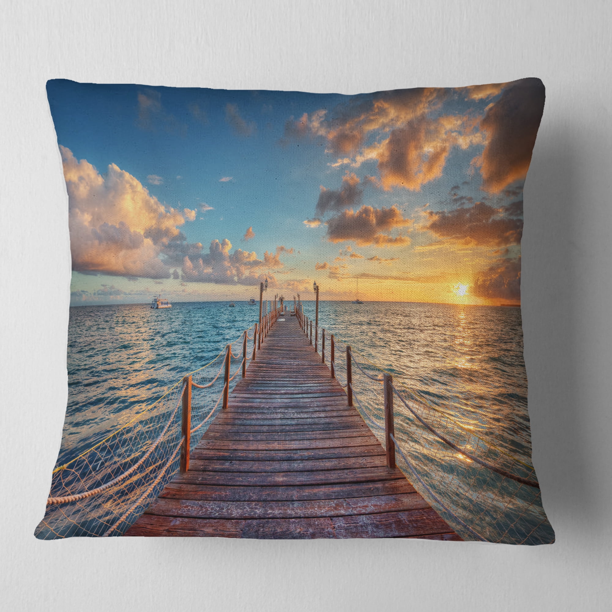 Designart Brilliant Sunrise over Sea Pier - Modern Throw Pillow - 18x18
