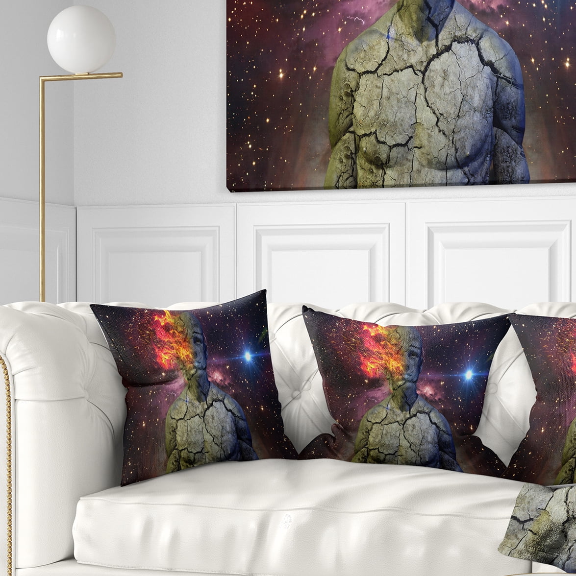 Designart Broken Human Body with Fire - Contemporary Throw Pillow - 18x18
