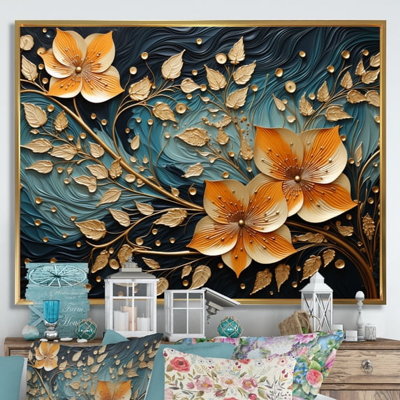 Designart "Bronze Azure Spiraling Foliage" Abstract Botanicals Floater Framed Wall Art Living Room