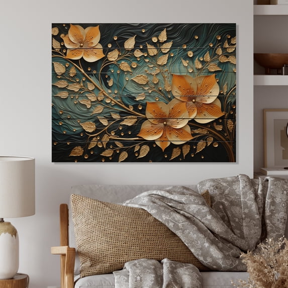Designart "Bronze Azure Spiraling Foliage" Abstract Botanicals Print on Natural Pine Wood