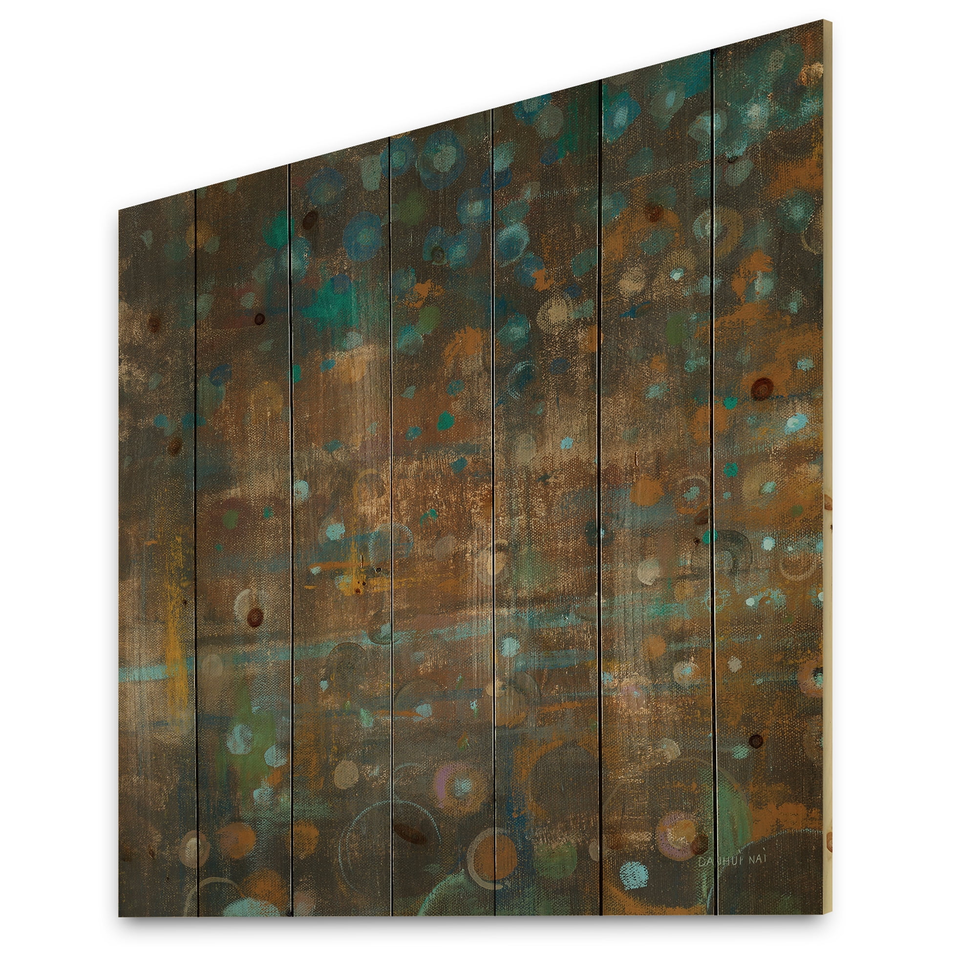 Designart 'Bronze and Blue Dots On Glass III' Cabin & Lodge Print on Natural Pine Wood