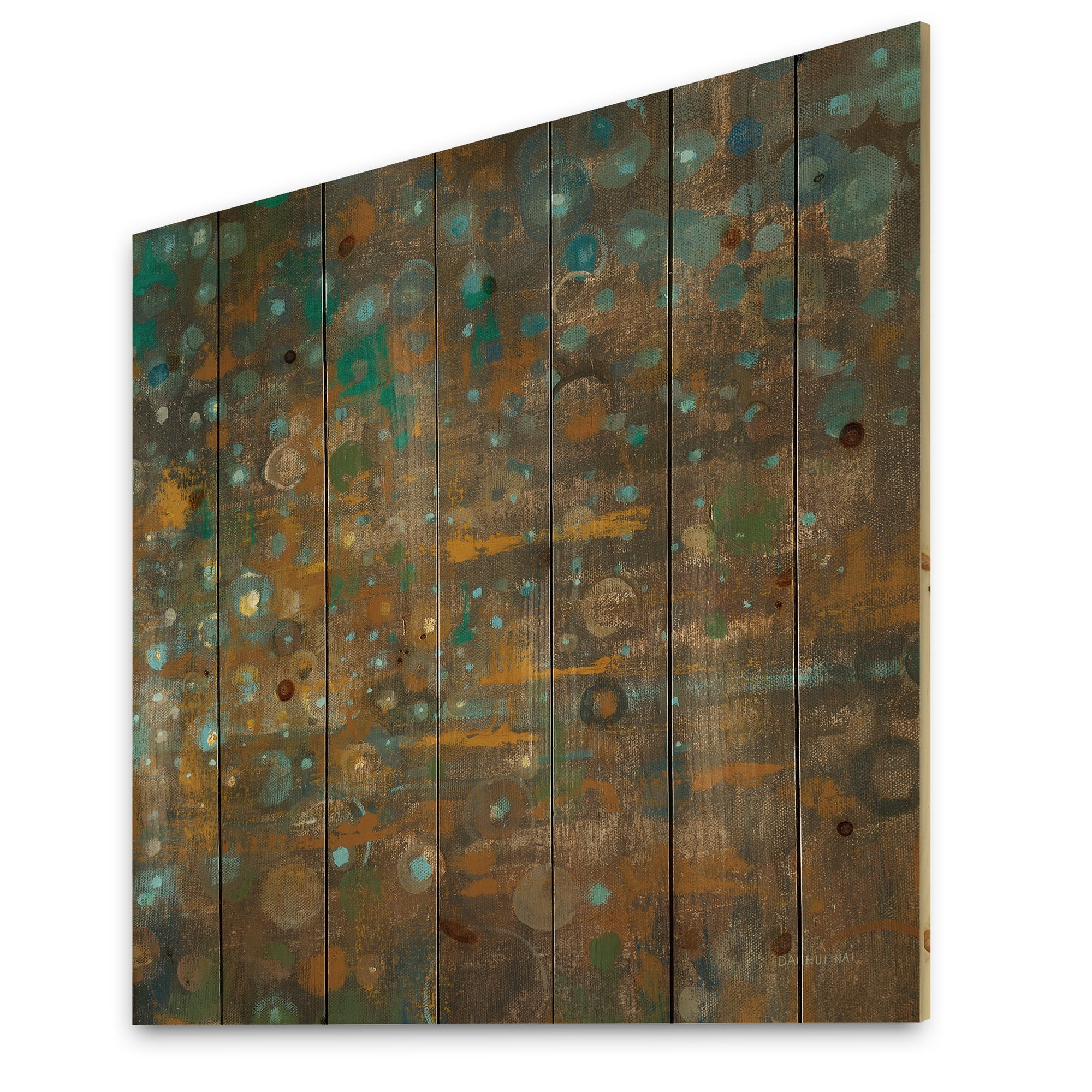Designart 'Bronze and Blue Dots On Glass IV' Cabin & Lodge Print on Natural Pine Wood