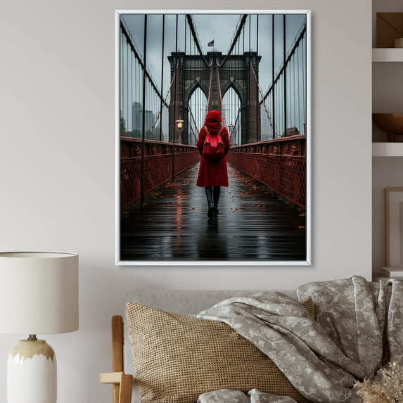 Designart "Brooklyn Bridge Red Grey New York Cityscape II" Portrait Floater Framed Canvas Print