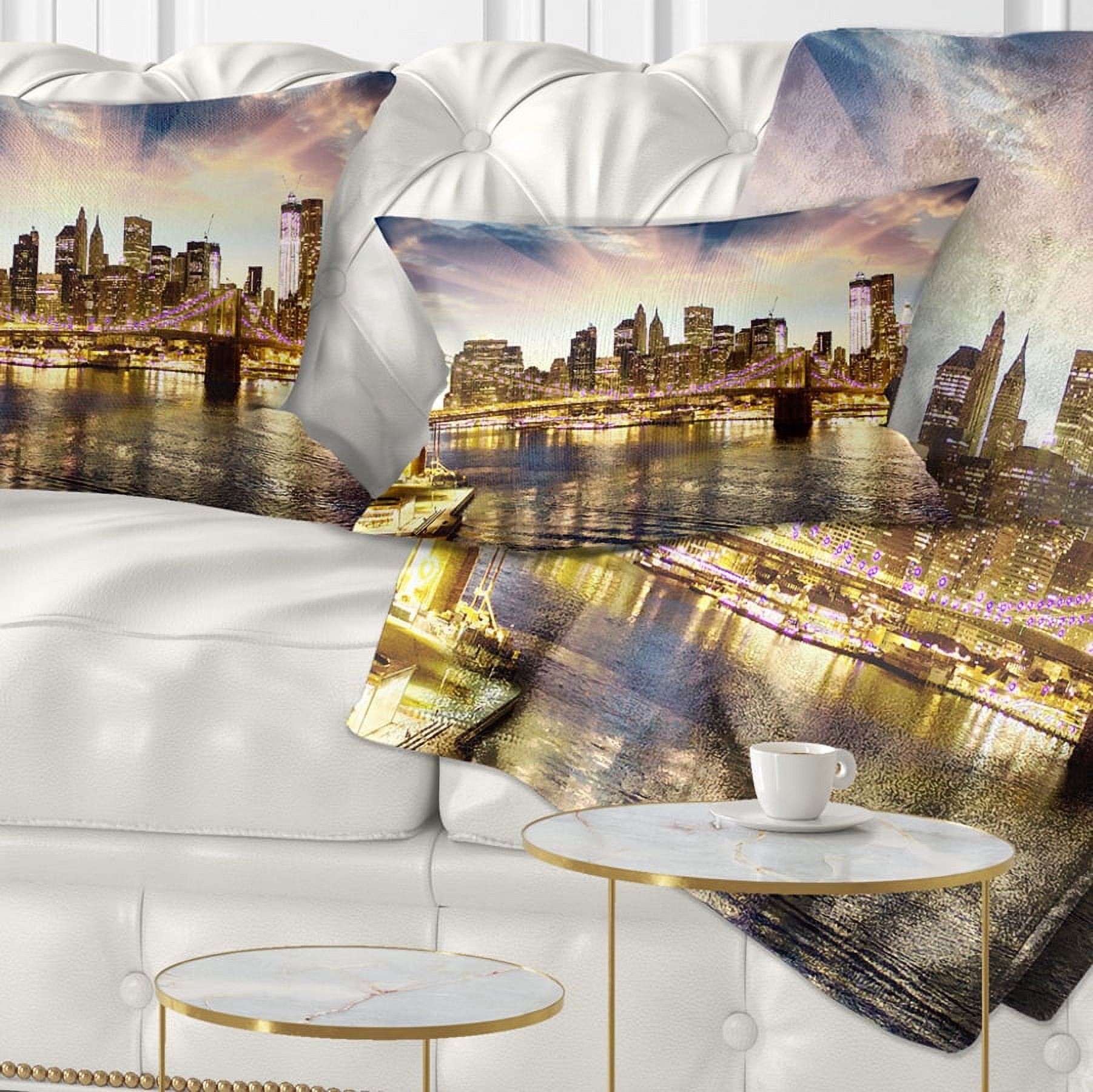 Designart Brooklyn Bridge and Manhattan Skyline - Cityscape Throw Pillow - 12x20