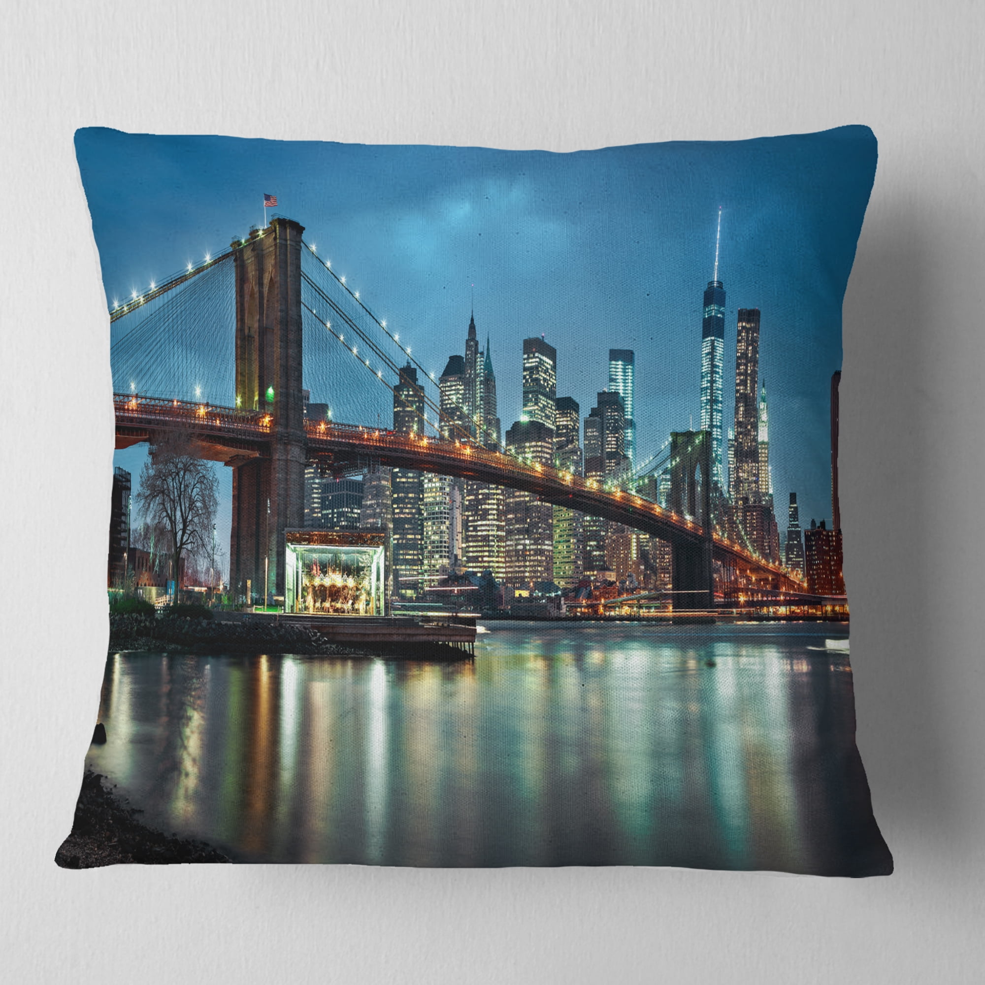 Designart Brooklyn Bridge and Skyscrapers - Cityscape Throw Pillow - 18x18