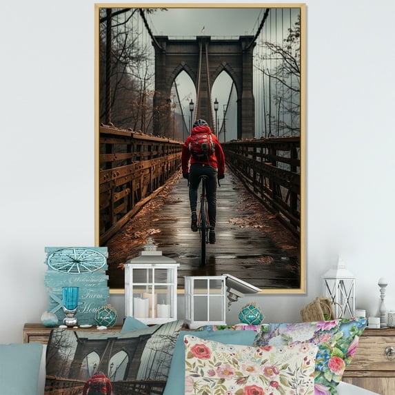 Designart "Brooklyn Bridge in Red and Grey" Portrait Floater Framed Canvas Art Print