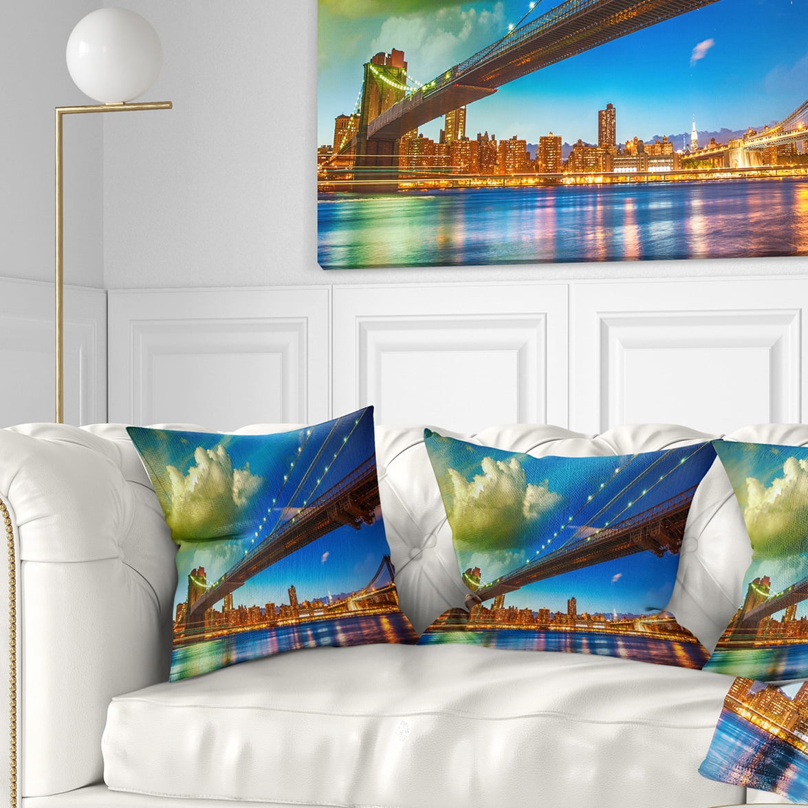 Designart Brooklyn Bridge with Cloud in Sky - Cityscape Photo Throw Pillow - 16x16