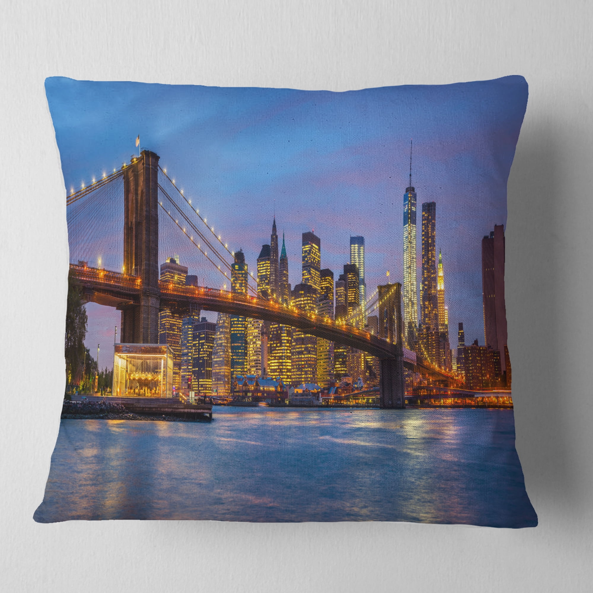 Designart Brooklyn Bridge with Lights and Reflections - Cityscape Throw Pillow - 18x18