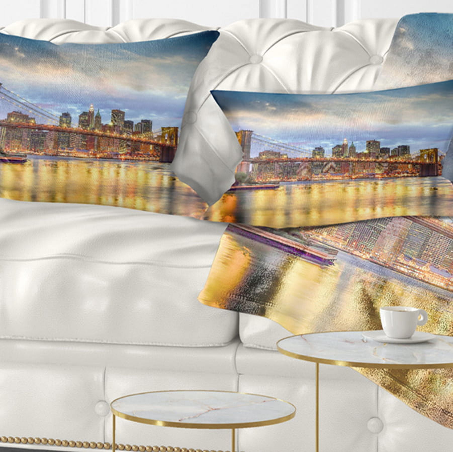 Designart Brooklyn Bridge with Night Illumination - Cityscape Throw Pillow - 12x20