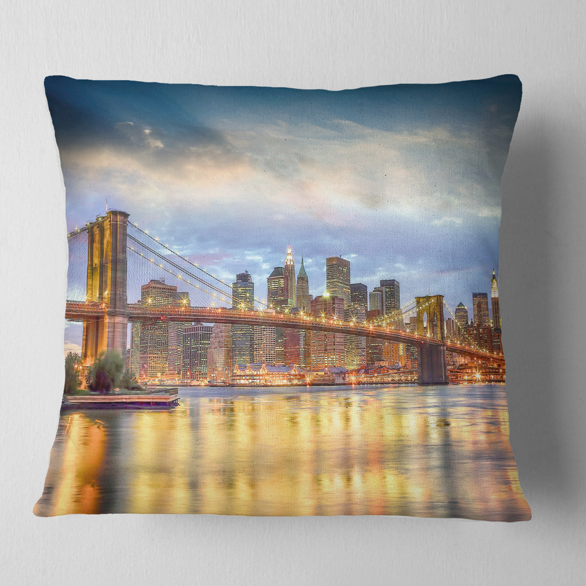 Designart Brooklyn Bridge with Night Illumination - Cityscape Throw Pillow - 18x18