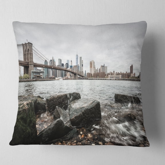 Designart Brooklyn Bridge with Rocks on Shore - Cityscape Throw Pillow - 16x16