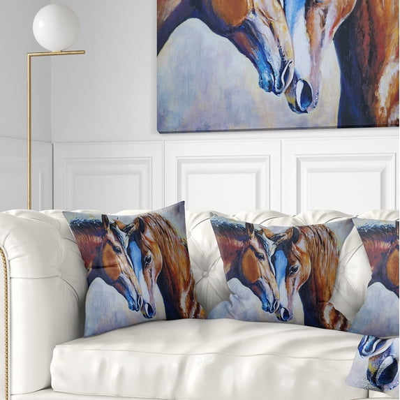 Designart Brown Amorous Horses - Animal Throw Pillow - 16x16