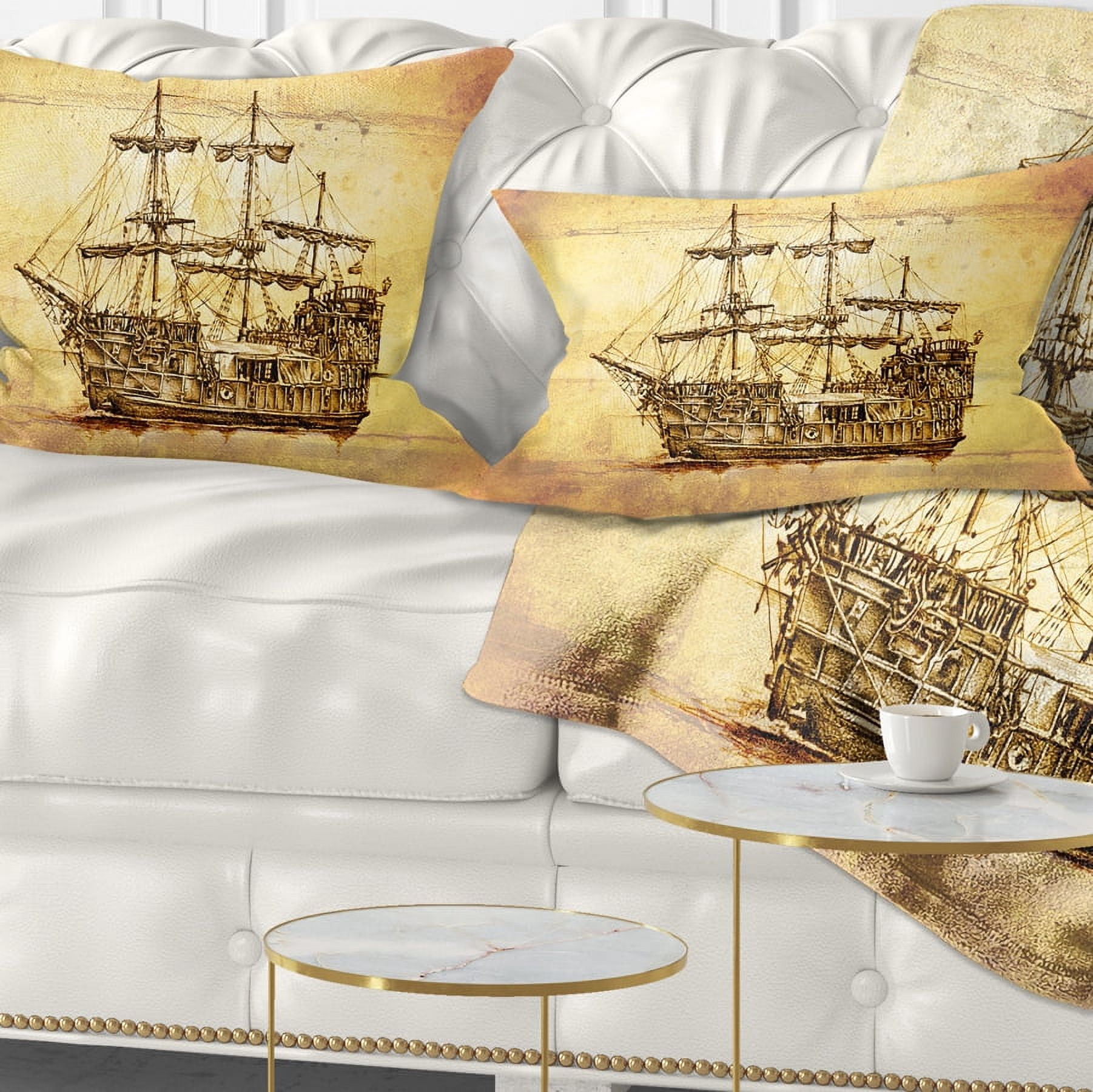 Designart Brown Ancient Moving Boat - Seashore Wall Throw Pillow - 12x20