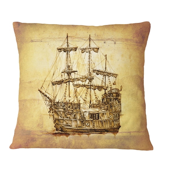 Designart Brown Ancient Moving Boat - Seashore Wall Throw Pillow - 18x18