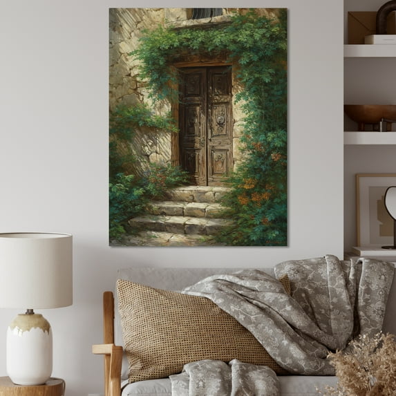 Designart "Brown And Green Nature'S Front Door Greeting I" Farm Door and Windows Wall Art For Bathroom