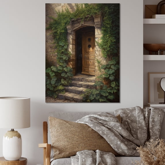 Designart "Brown And Green Nature'S Front Door Greeting III" Farm Door and Windows Canvas Print