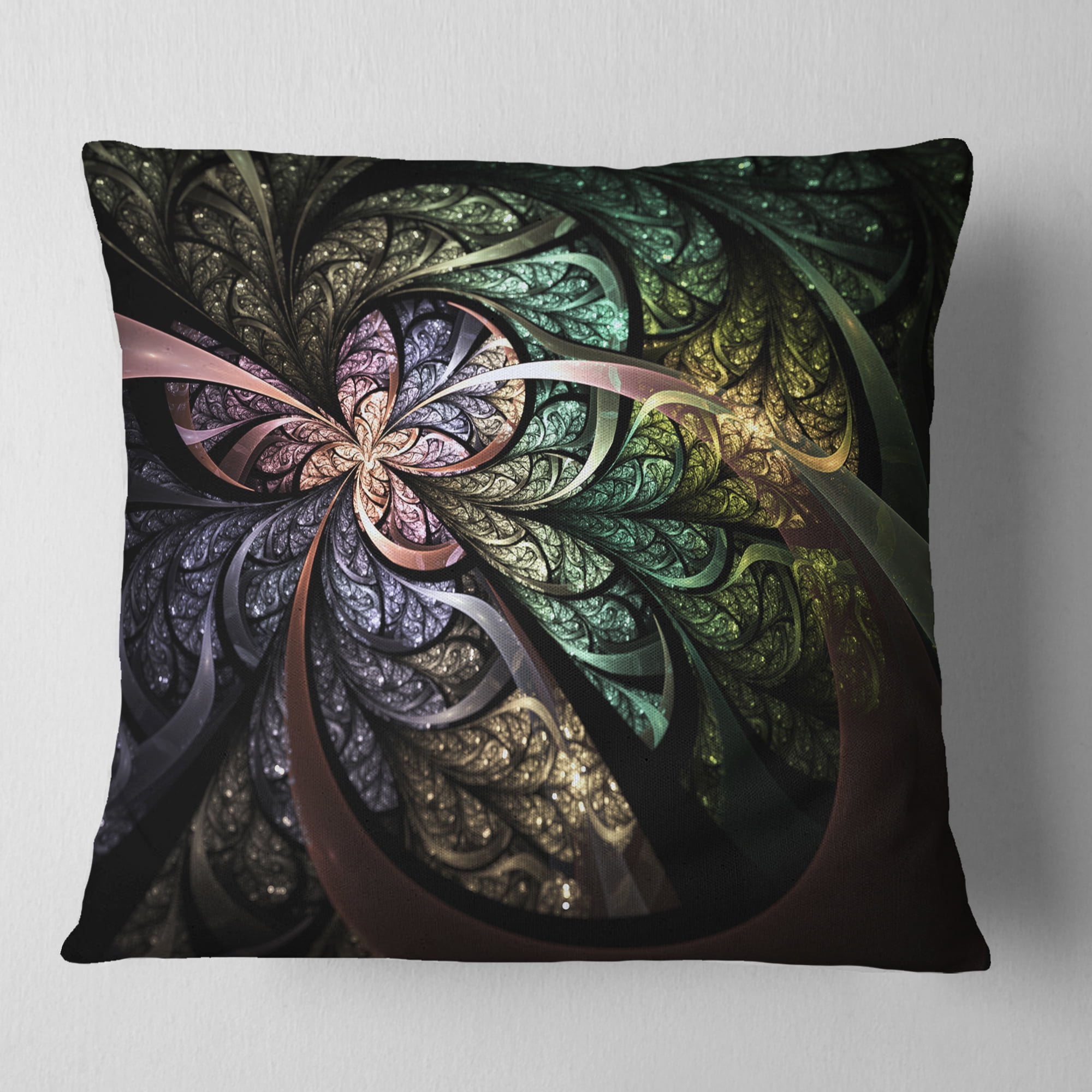 Designart Brown Blue Fractal Flower Digital Art - Floral Throw Pillow - 16x16