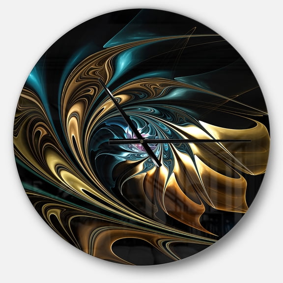 Designart 'Brown Blue Fractal Flower in Black' Metal Wall Clock