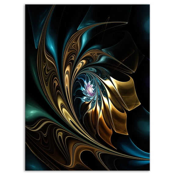 Designart 'Brown Blue Fractal Flower in Black ' Oversized Abstract Canvas Art