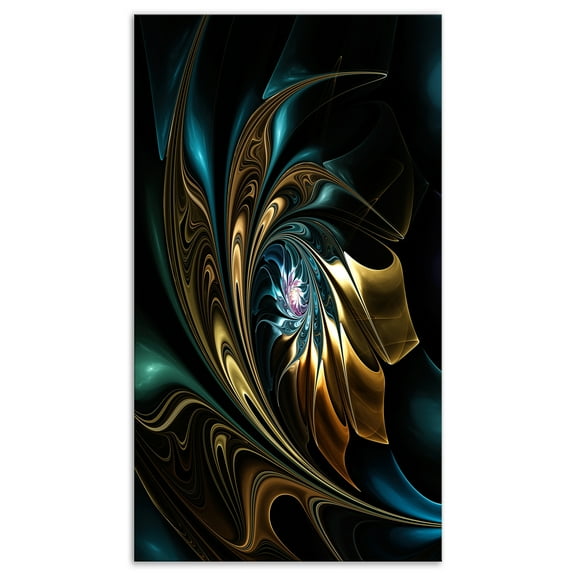 Designart 'Brown Blue Fractal Flower in Black ' Oversized Abstract Canvas Art