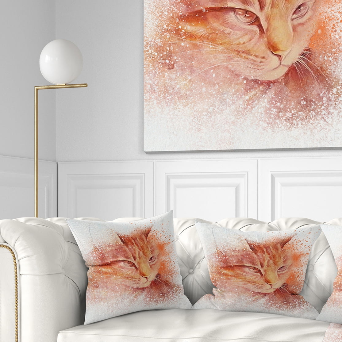 Designart Brown Cat Face Sketch on White - Animal Throw Pillow - 16x16