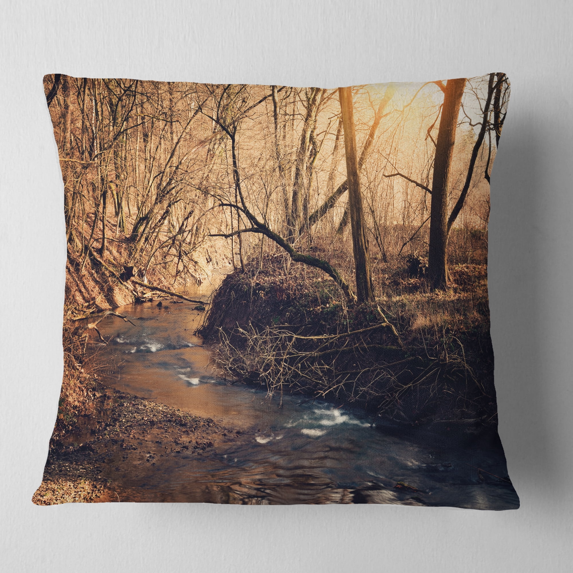 Designart Brown Creek in National Park - Modern Forest Throw Pillow - 16x16