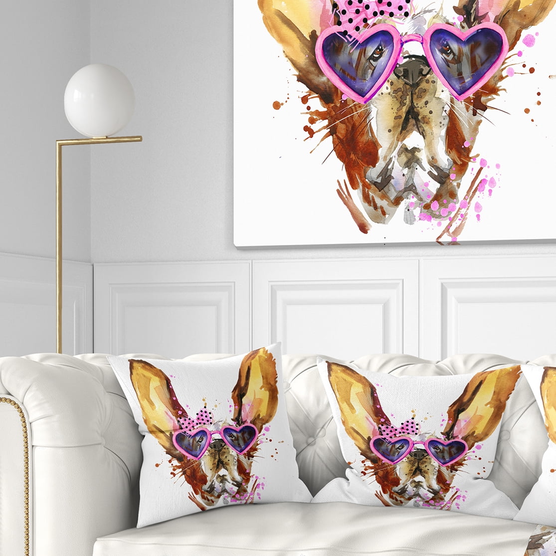 Designart Brown Cute Dog with Heart Glasses - Animal Throw Pillow - 18x18