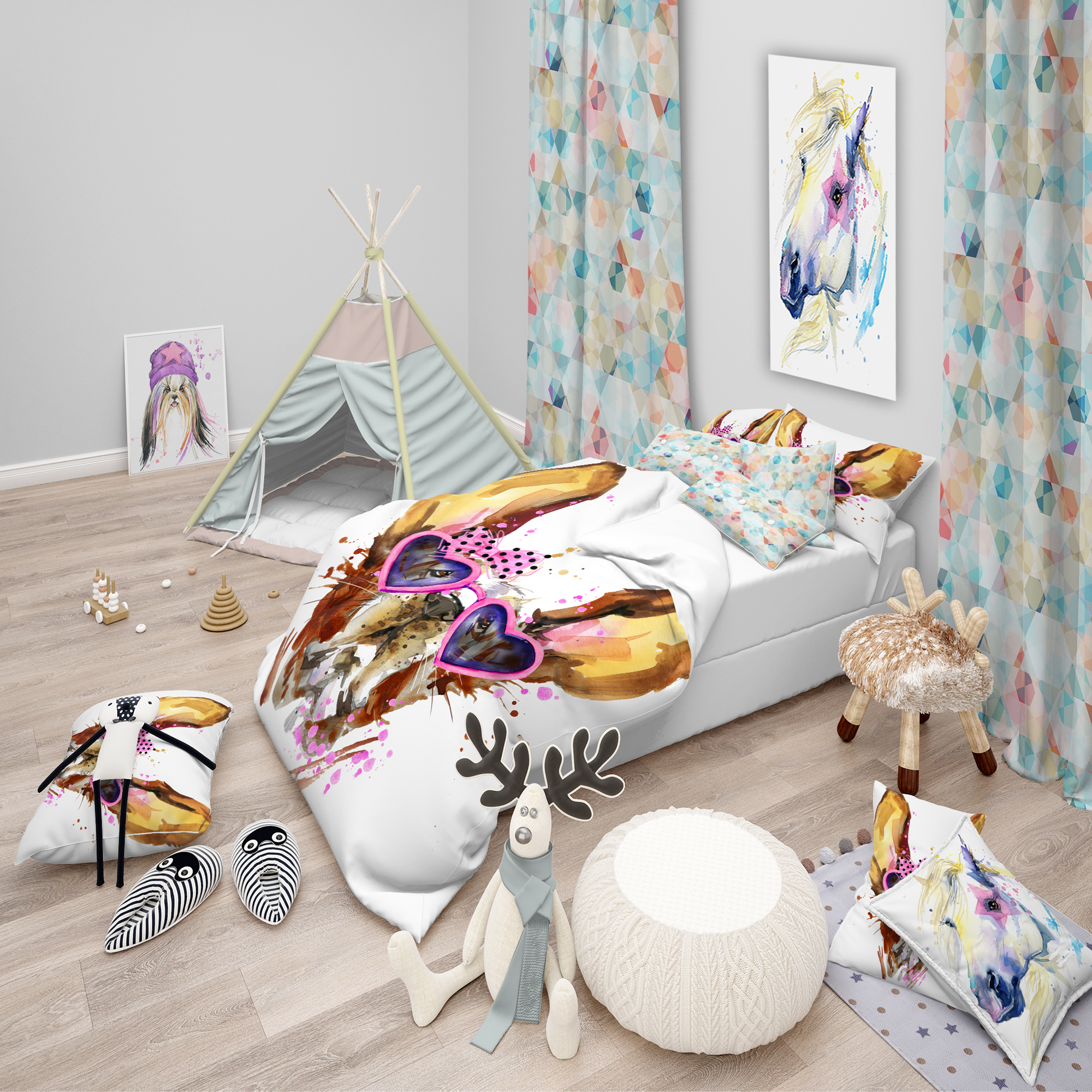 Designart 'Brown Cute Dog with Heart Glasses' Modern & Contemporary Duvet Cover Set