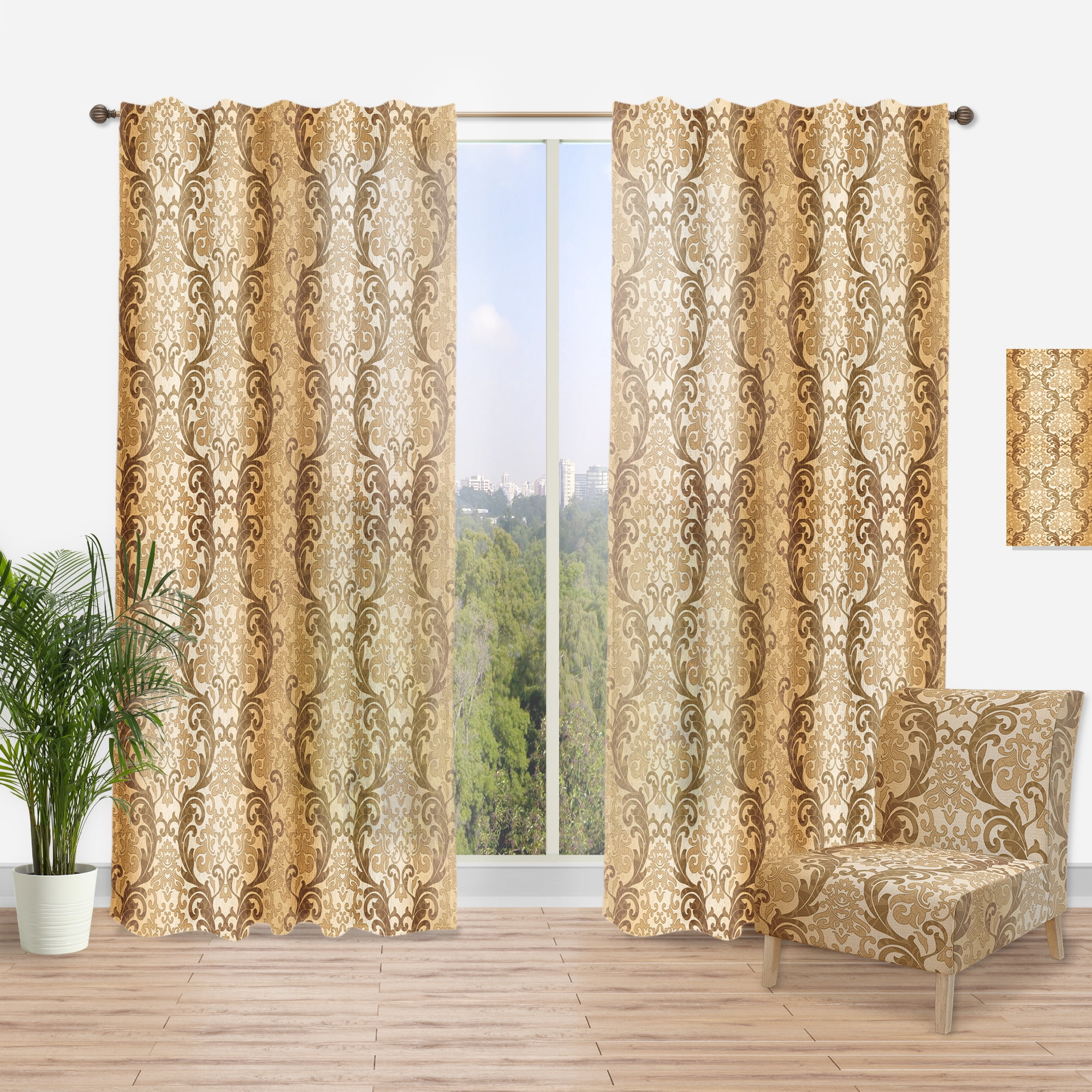 Designart 'Brown Damask Pattern' Mid-Century Modern Curtain Panel