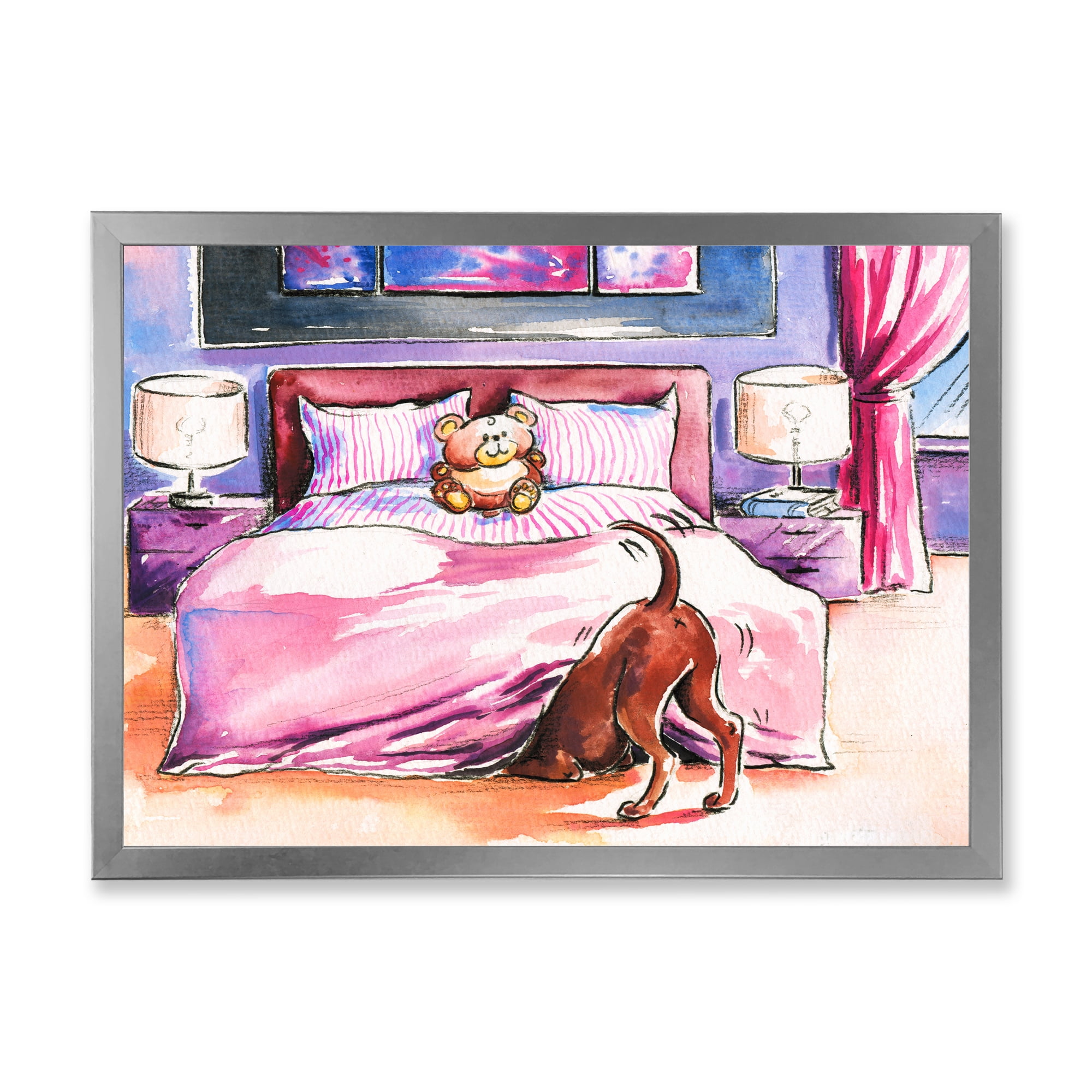 Designart 'Brown Dog Looking Under the Bed and Teddy Bear' Farmhouse Framed Art Print