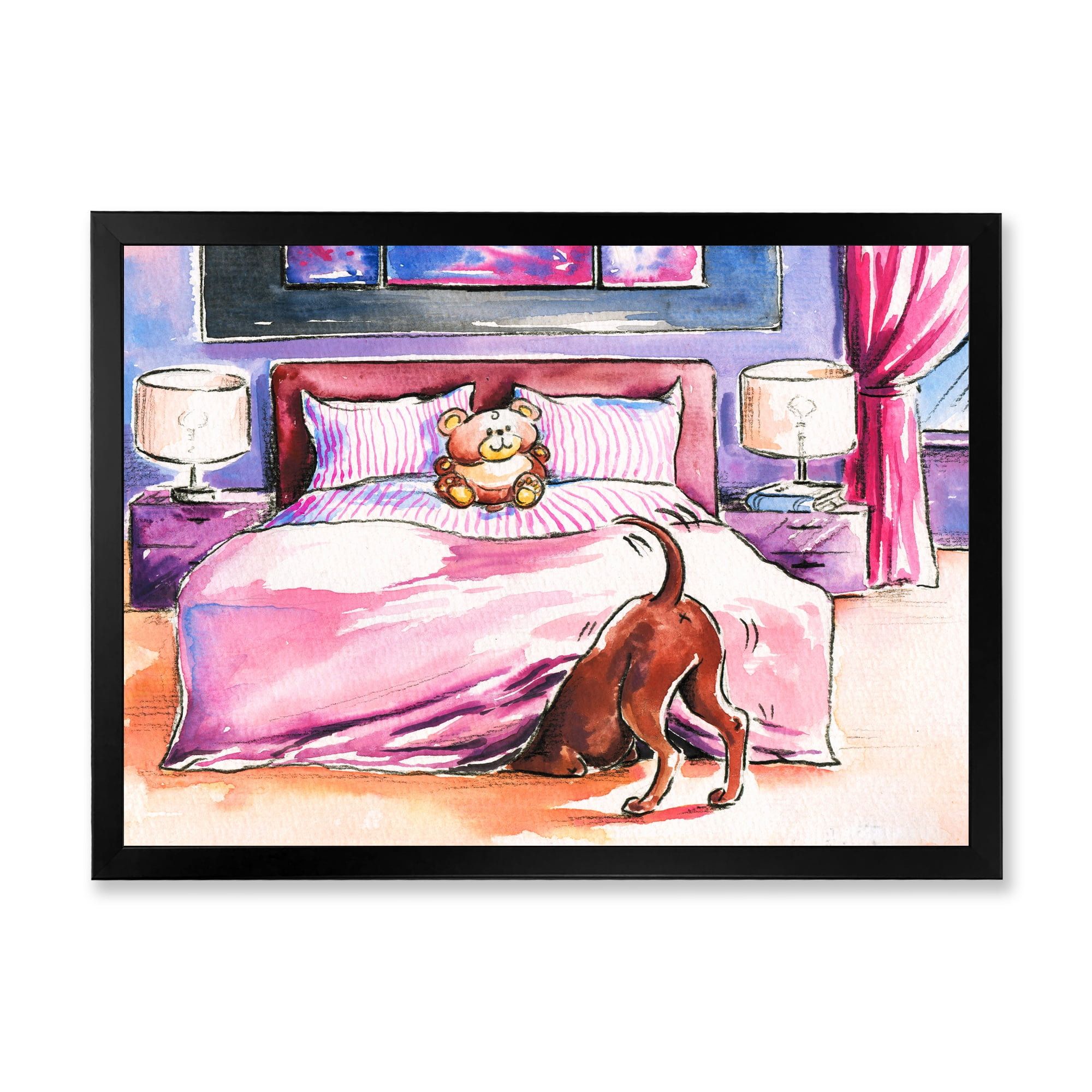 Designart 'Brown Dog Looking Under the Bed and Teddy Bear' Farmhouse Framed Art Print