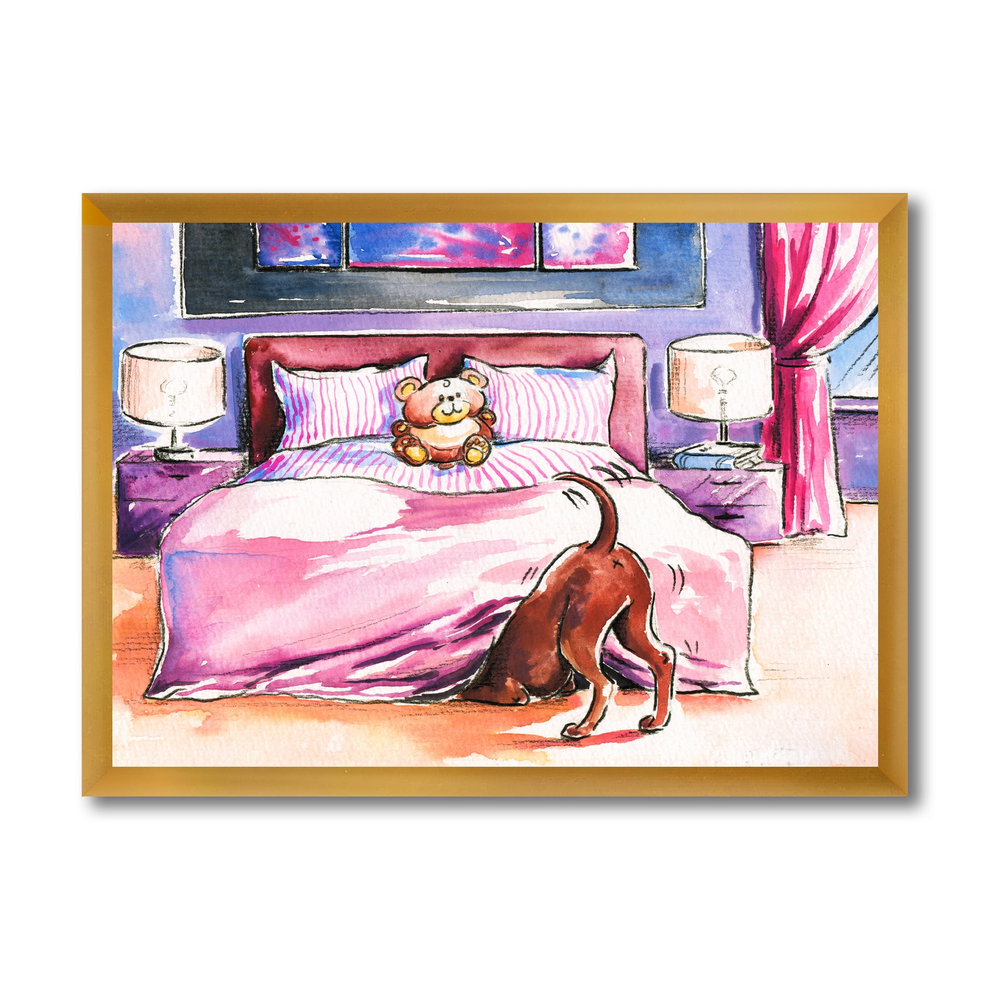 Designart 'Brown Dog Looking Under the Bed and Teddy Bear' Farmhouse Framed Art Print