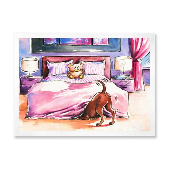 Designart 'Brown Dog Looking Under the Bed and Teddy Bear' Farmhouse Framed Art Print