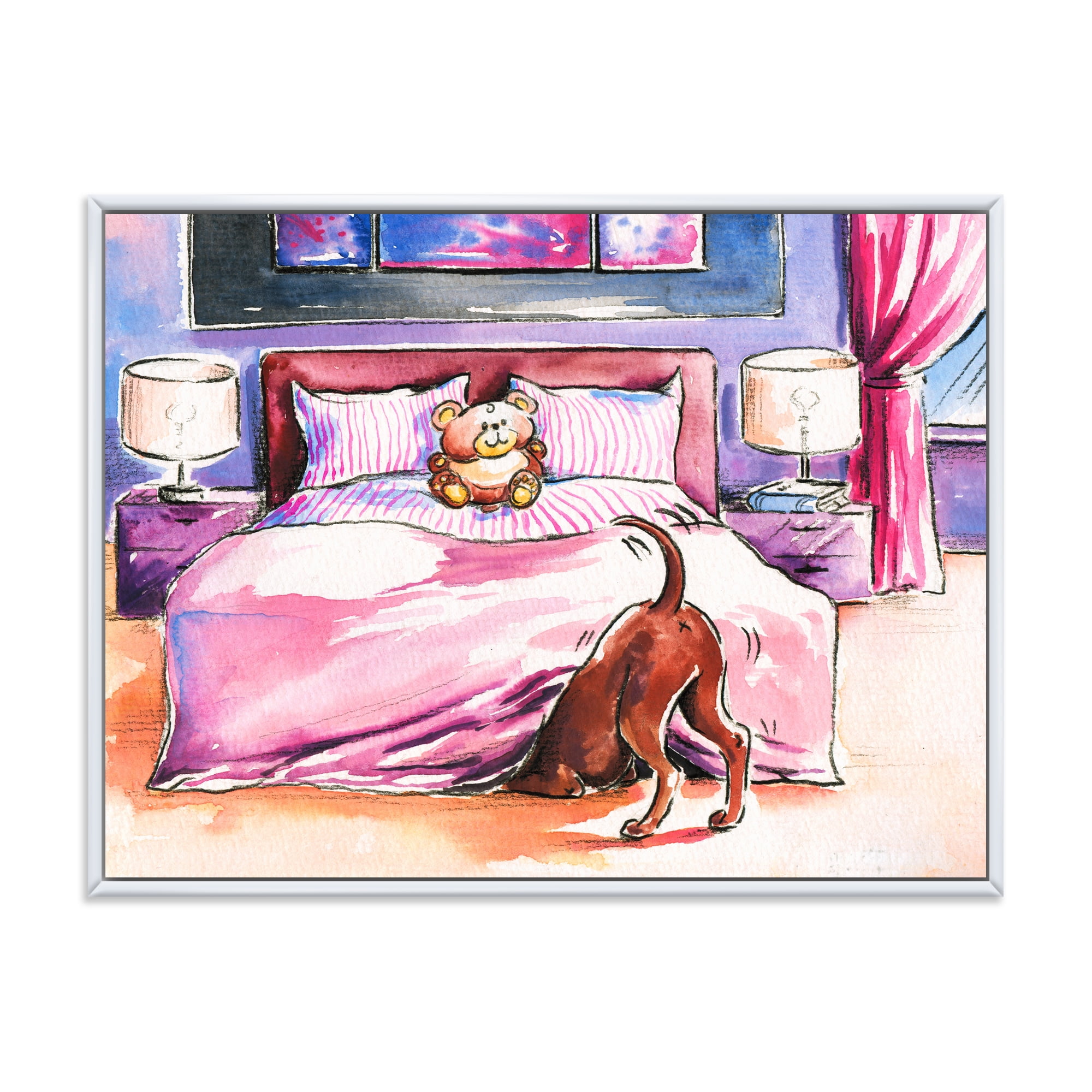 Designart 'Brown Dog Looking Under the Bed and Teddy Bear' Farmhouse Framed Canvas Wall Art Print