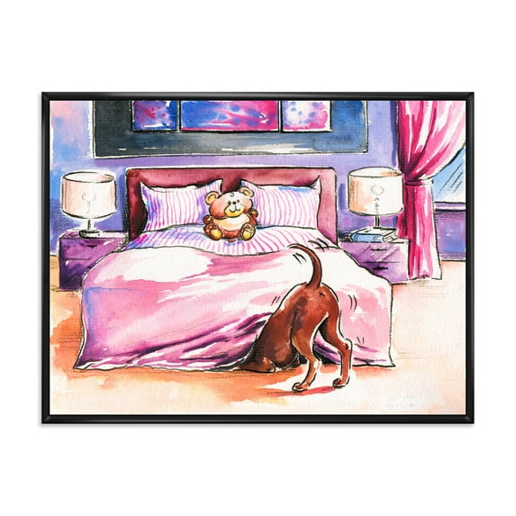 Designart 'Brown Dog Looking Under the Bed and Teddy Bear' Farmhouse Framed Canvas Wall Art Print