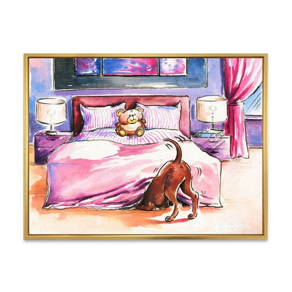 Designart 'Brown Dog Looking Under the Bed and Teddy Bear' Farmhouse Framed Canvas Wall Art Print