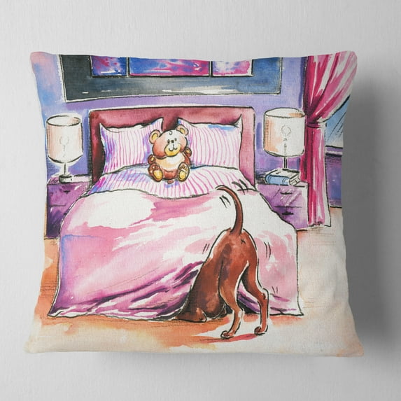 Designart Brown Dog in Bedroom - Animal Throw Pillow - 16x16